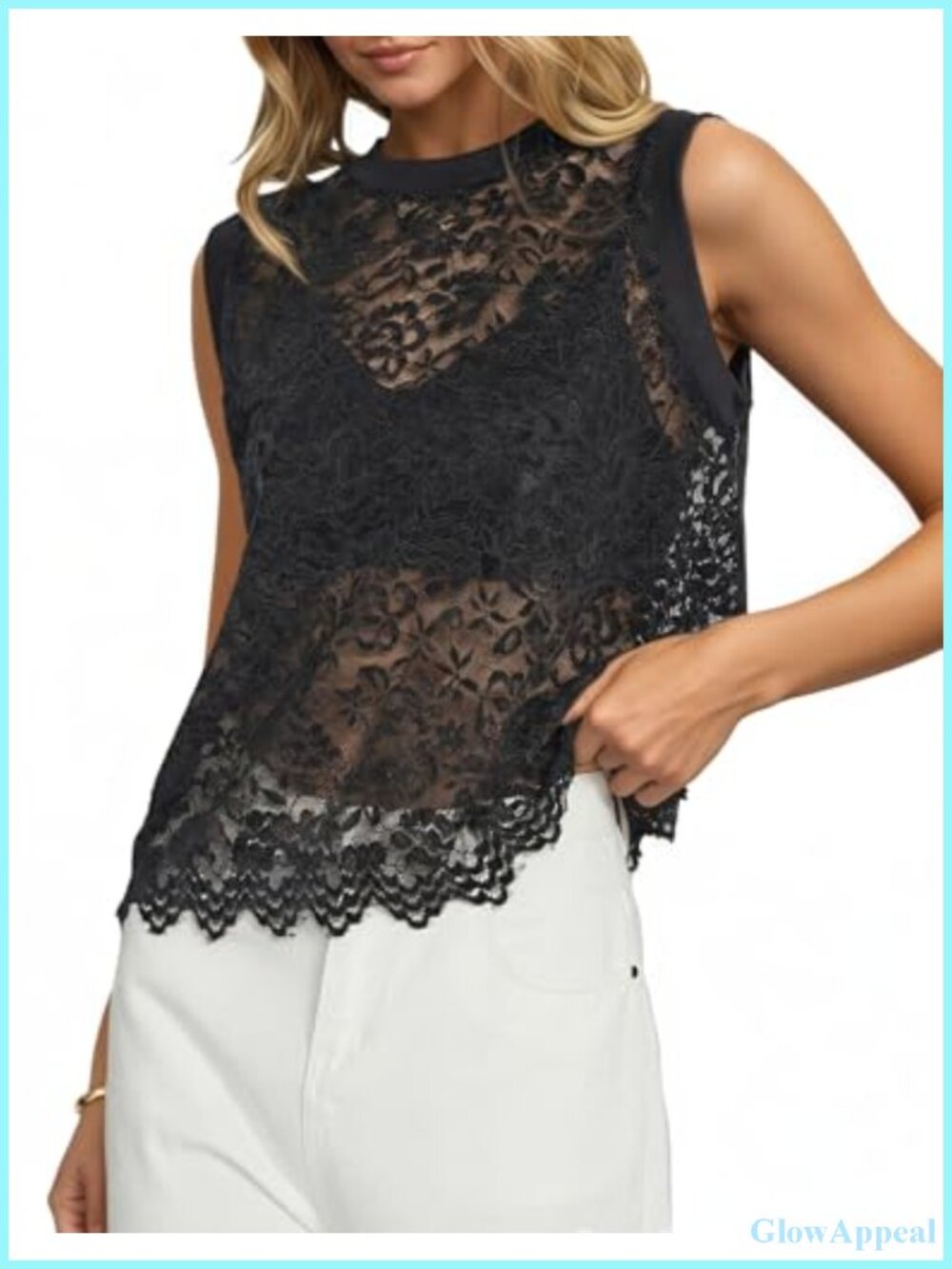Women's Floral Lace Tank Top Sleeveless Crewneck Mesh Sheer Vest